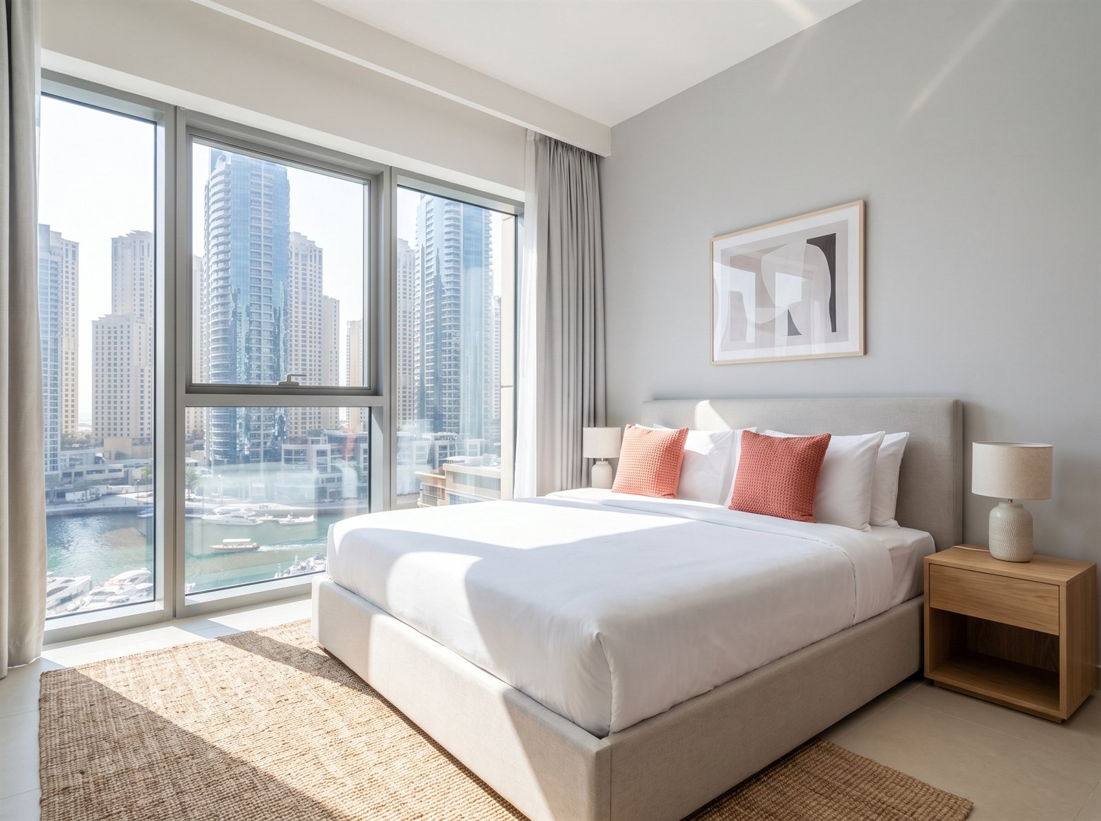 Master bedroom with panoramic Dubai skyline view photography by Limina