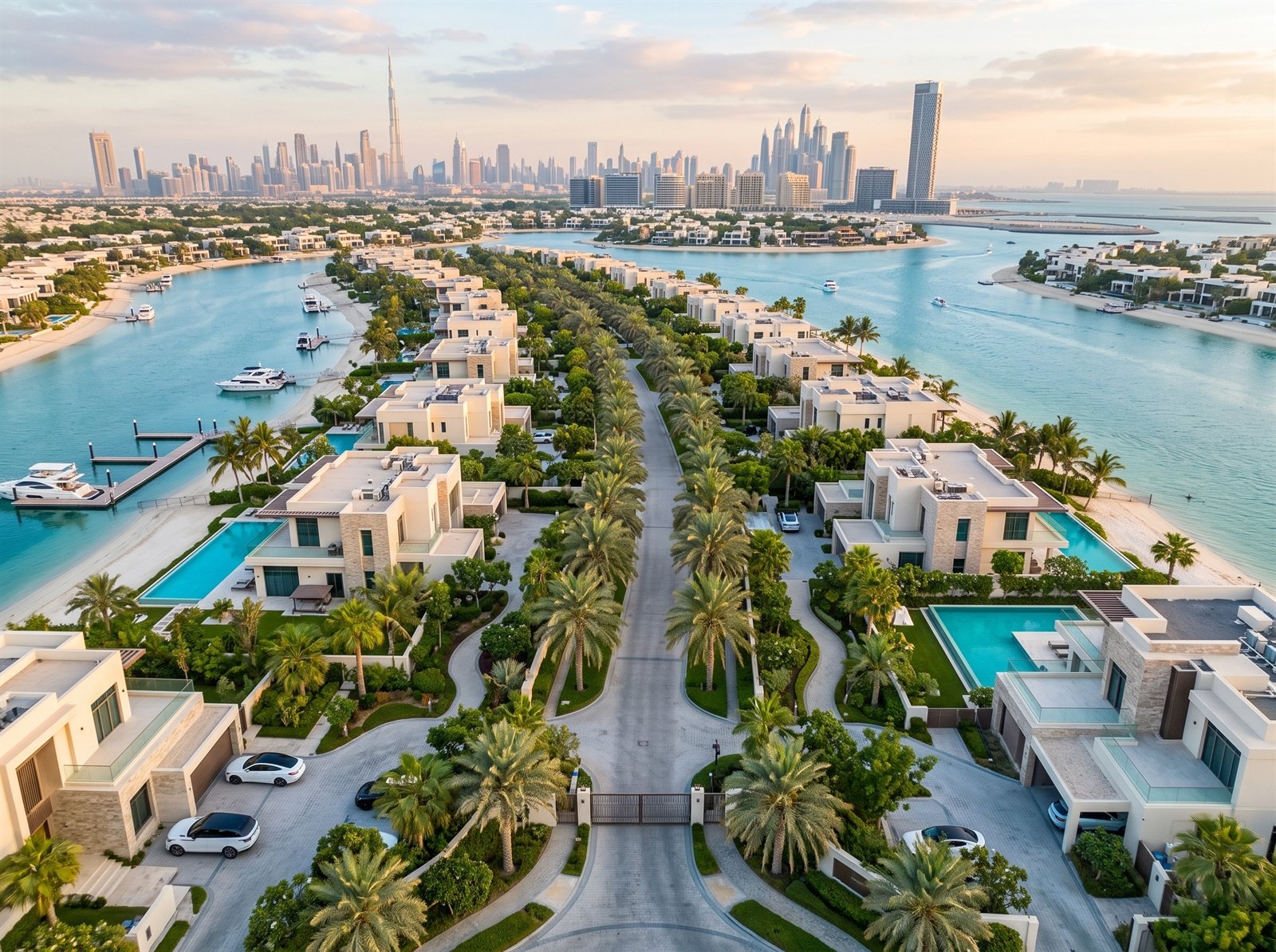 Aerial drone view of luxury waterfront villas Dubai by Limina